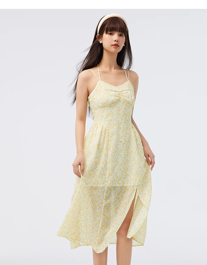 Vestido de mujer de gasa con tirantes altos y abertura, vestido de verano nuevo, vestido ajustado con flores fragmentadas, suave