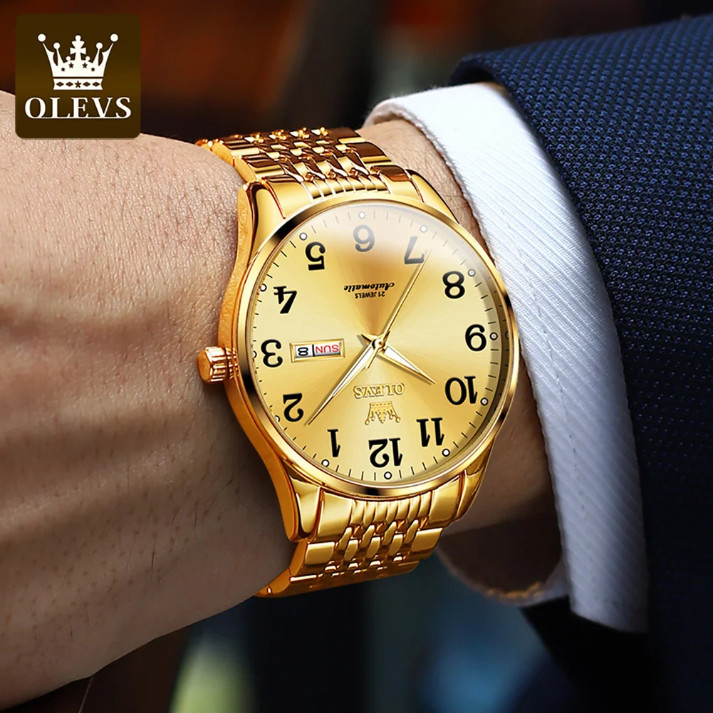 OLEVS Fashion Gold Mechanical Watch for Men  Stainless Steel Waterproof Week Date  Business Mens Wristwatch Relogios Masculino