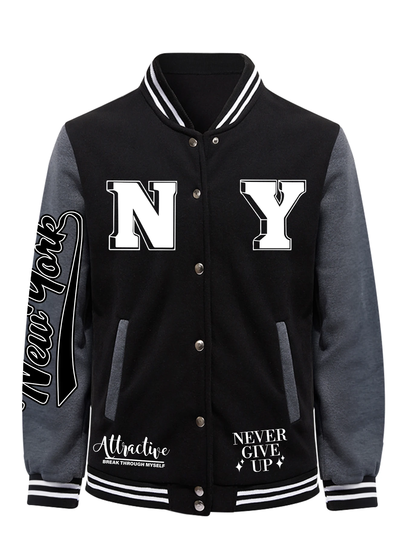 New York City Never Give Up Print Clothes Male Fashion Fleece Top Autumn Loose Baseball Jacket Casual Loose Sportswear Men