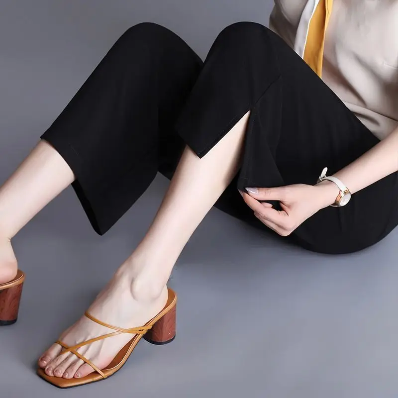 Summer New Thin Printed Big Size Wide Leg Pants Women Korean Pocket Elastic High Waist Fragmented Flower Fashion Loose Capris