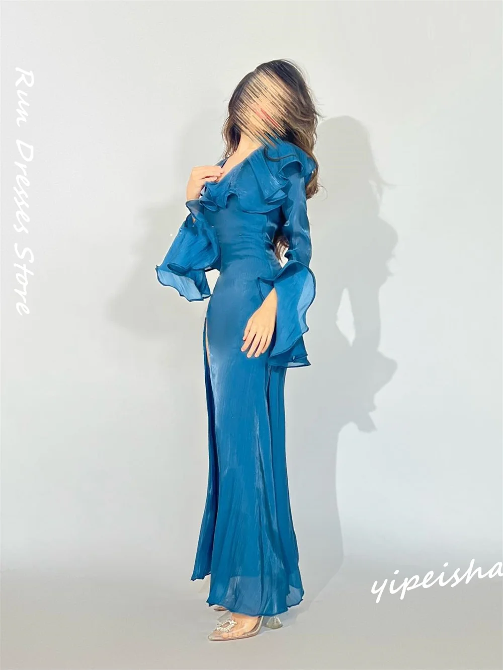 Fashion V-neck Mermaid Anke Length Quinceanera Dresses Layered Organza Formal Occasion Gown 롱원피스 robe femme soir&eacute;e vestido فسا quinceanera dresses