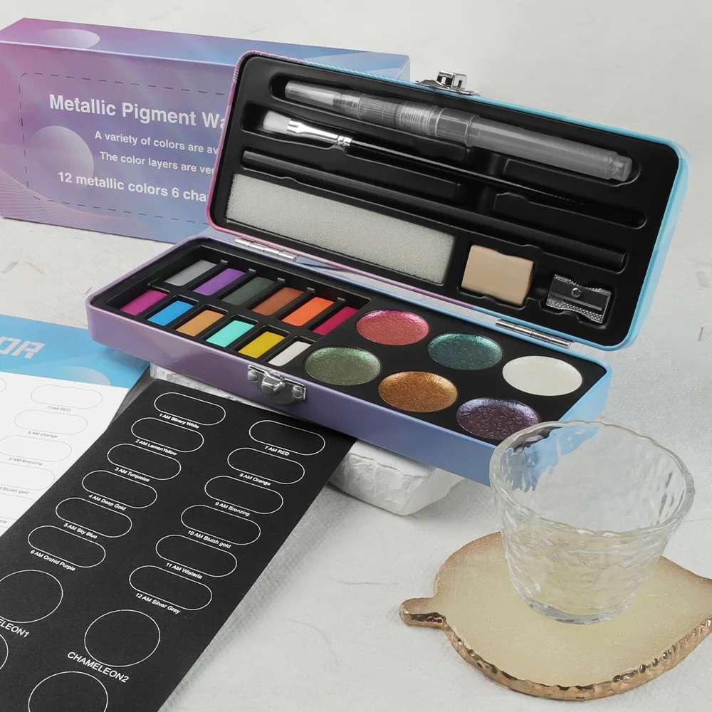 SeamiArt 12가지 메탈릭 색상 및 6가지 카멜레온 수채화 세트(2개 포함). 그림 그리기 용품용 페인트 브러시
