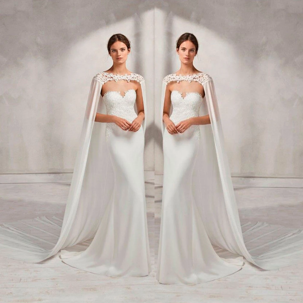 

Свадебная Длинная накидка для невесты, белая свадебная накидка цвета слоновой кости, шифоновая шаль с кружевным пиджаком