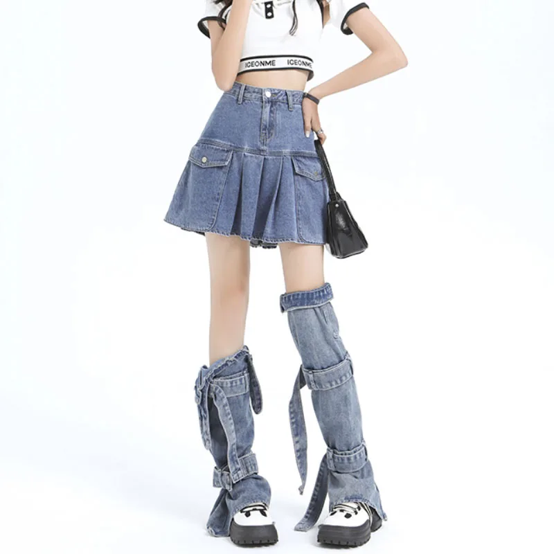 

Y2k Denim Pleated Skirts Mini Solid Casual Woman Fashion Korean Style High Waist Skirt