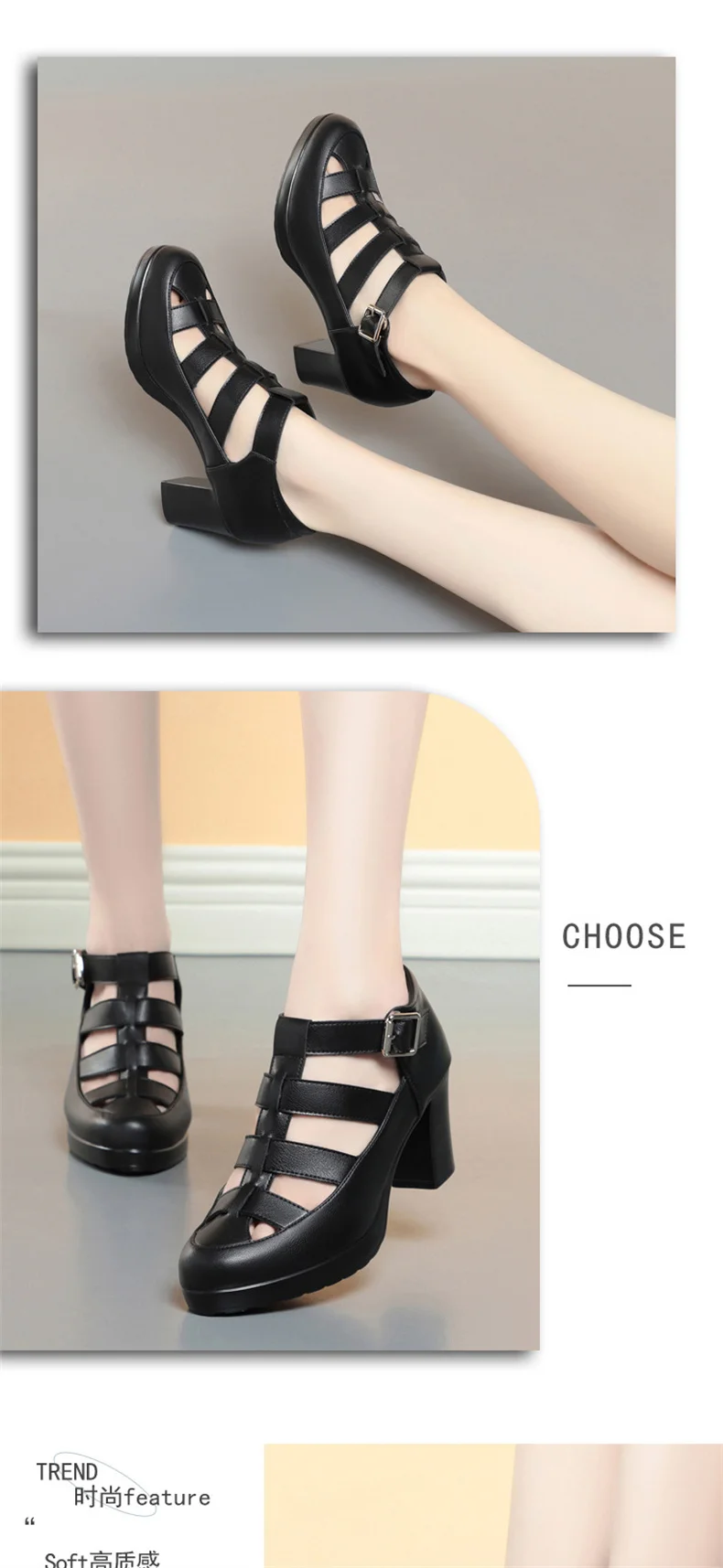 Breathable Cutout Close Head Platform Shoes Soft Leather 2024 Summer Block Med Heels Gladiator Sandals for Office Mom