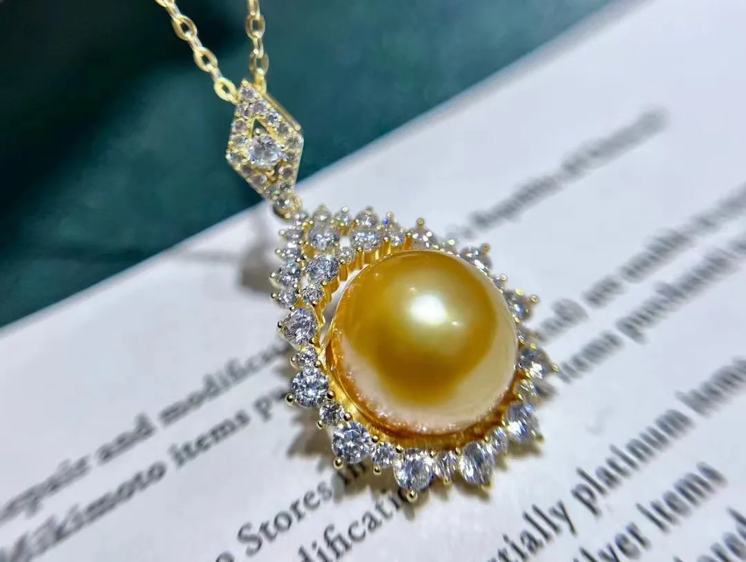 

hot AAA 11-12mm 12-13mm 13-14mm South Sea Gold bread Pearl Pendant Necklace 925S 18inch