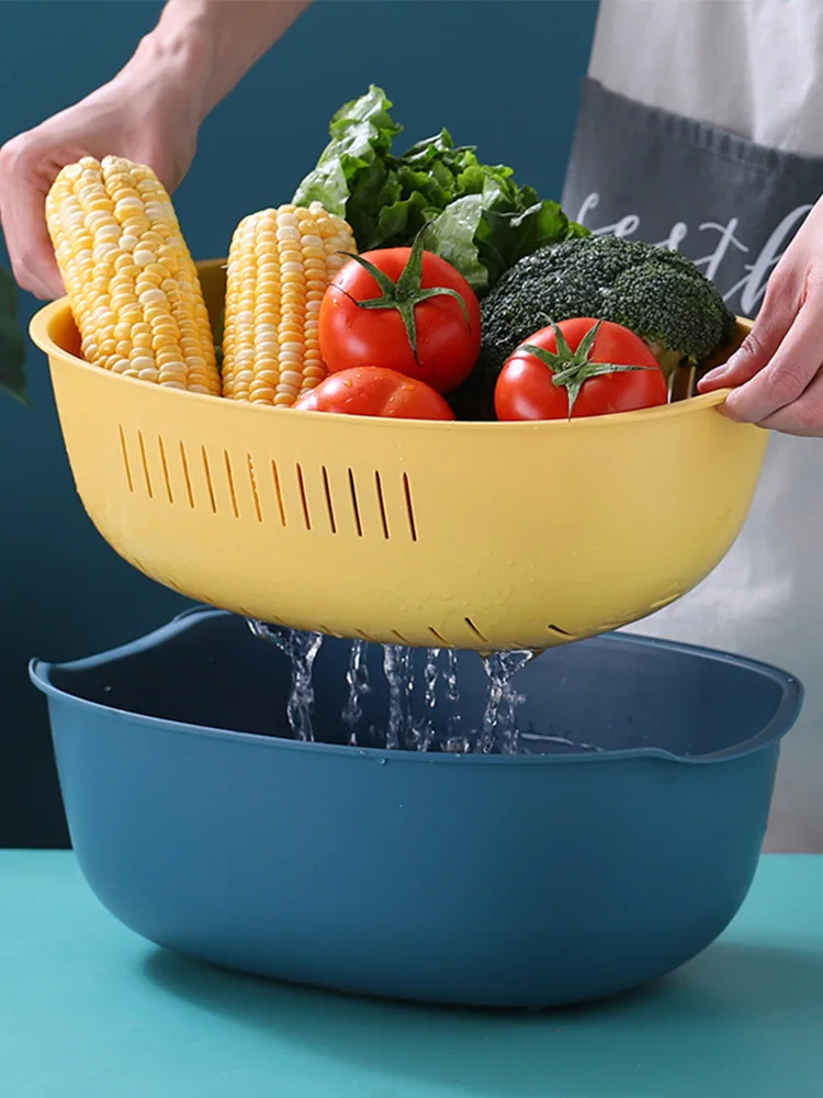 

Plastic Double-Layer Vegetable Washing Basket Washing Vegetable Basket Kitchen Household Fabulous Fruit Washing Tool Dishes