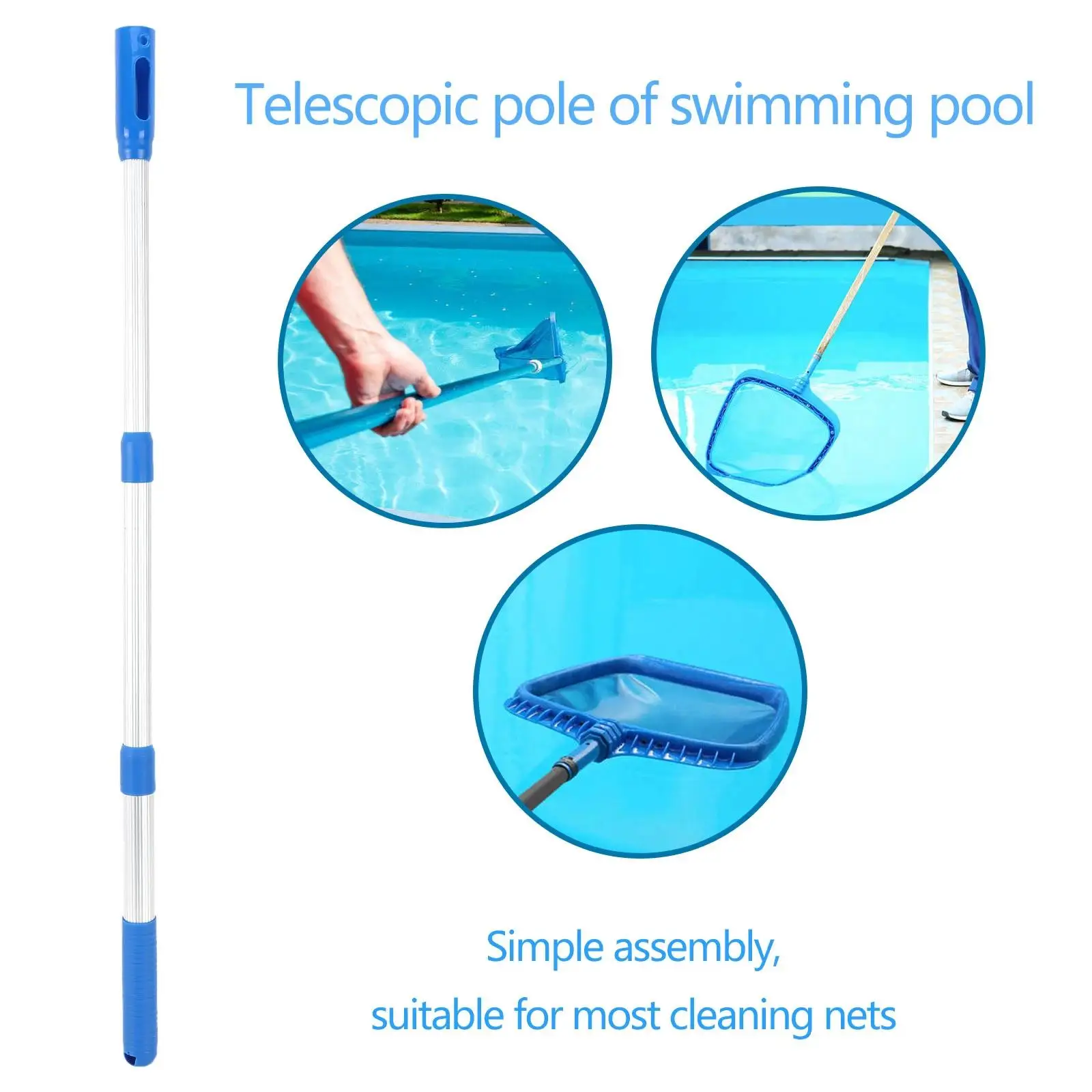 Multifunctional Pool Handle 3 Stage Non Slip Ribbed Finish 40-1130mm Extendable Lightweight Pool Rod for Vacuum Heads Nets