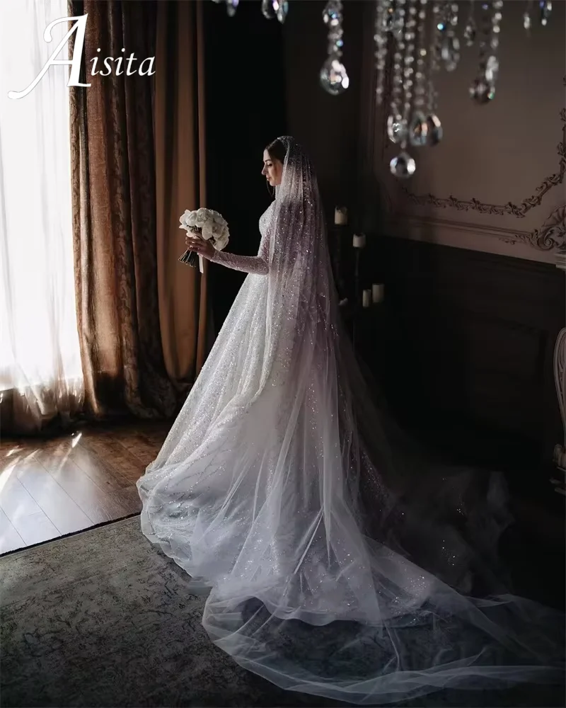 Vintage Customized Sparkly Beads Tulle Long Formal Wedding Dresses A Line Square Neck Dubai Long Sleeves 2025 Detachable Sleeves
