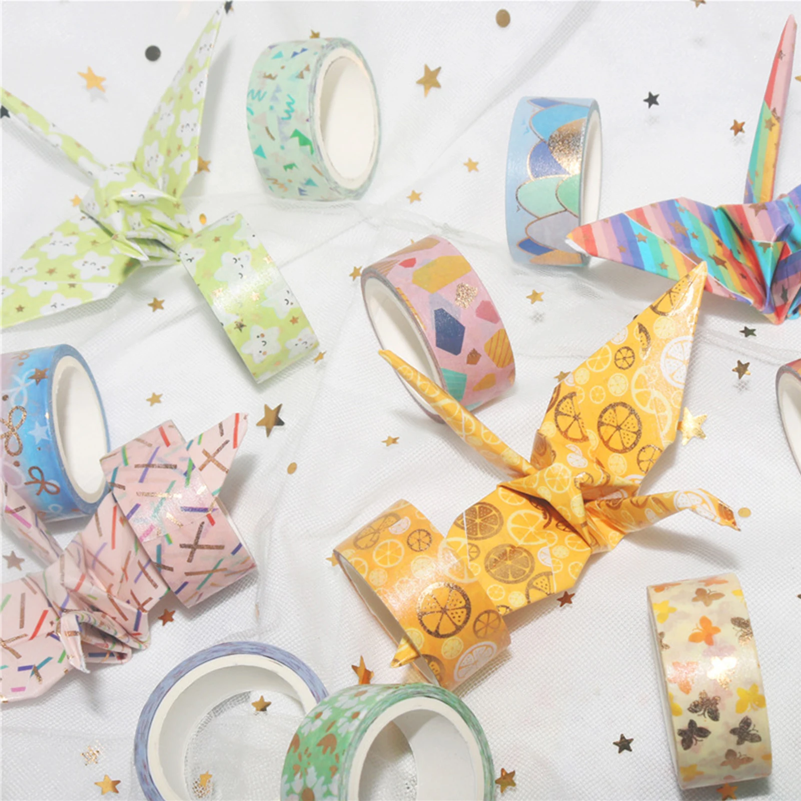 12 Rolls Washi Tape Set Cute Pattern Gold Foil Masking Tape 15mm Wide Adhesive Decorative Tape Sticker for DIY Crafts Gift