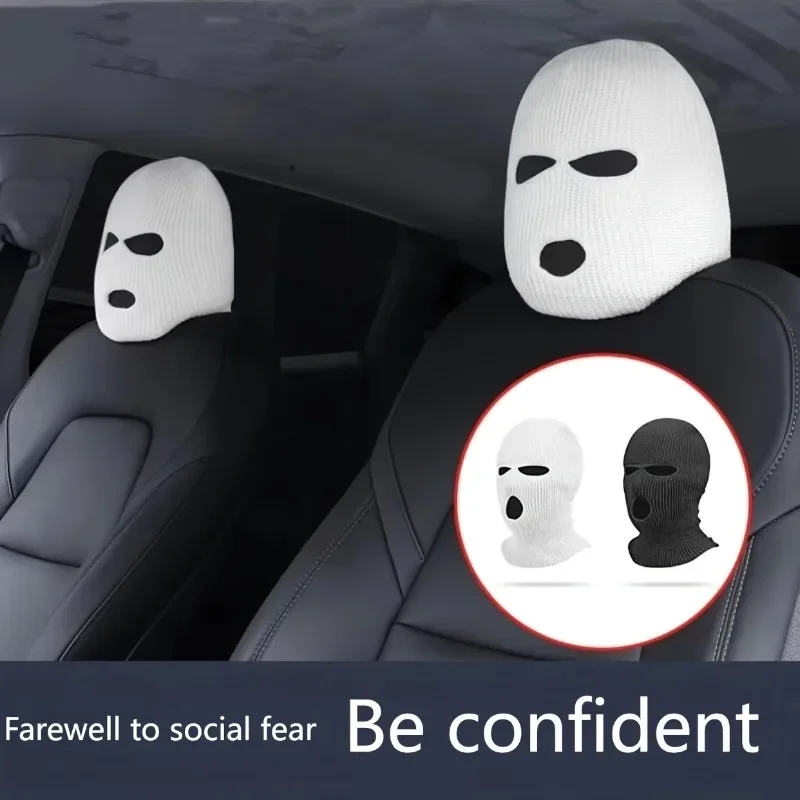 

2pcs Funny Car Seat Headgear Headrest Cover 3 Hole Knitted Face Mask Seat Cover Car Creative Seat Decorations Accessories