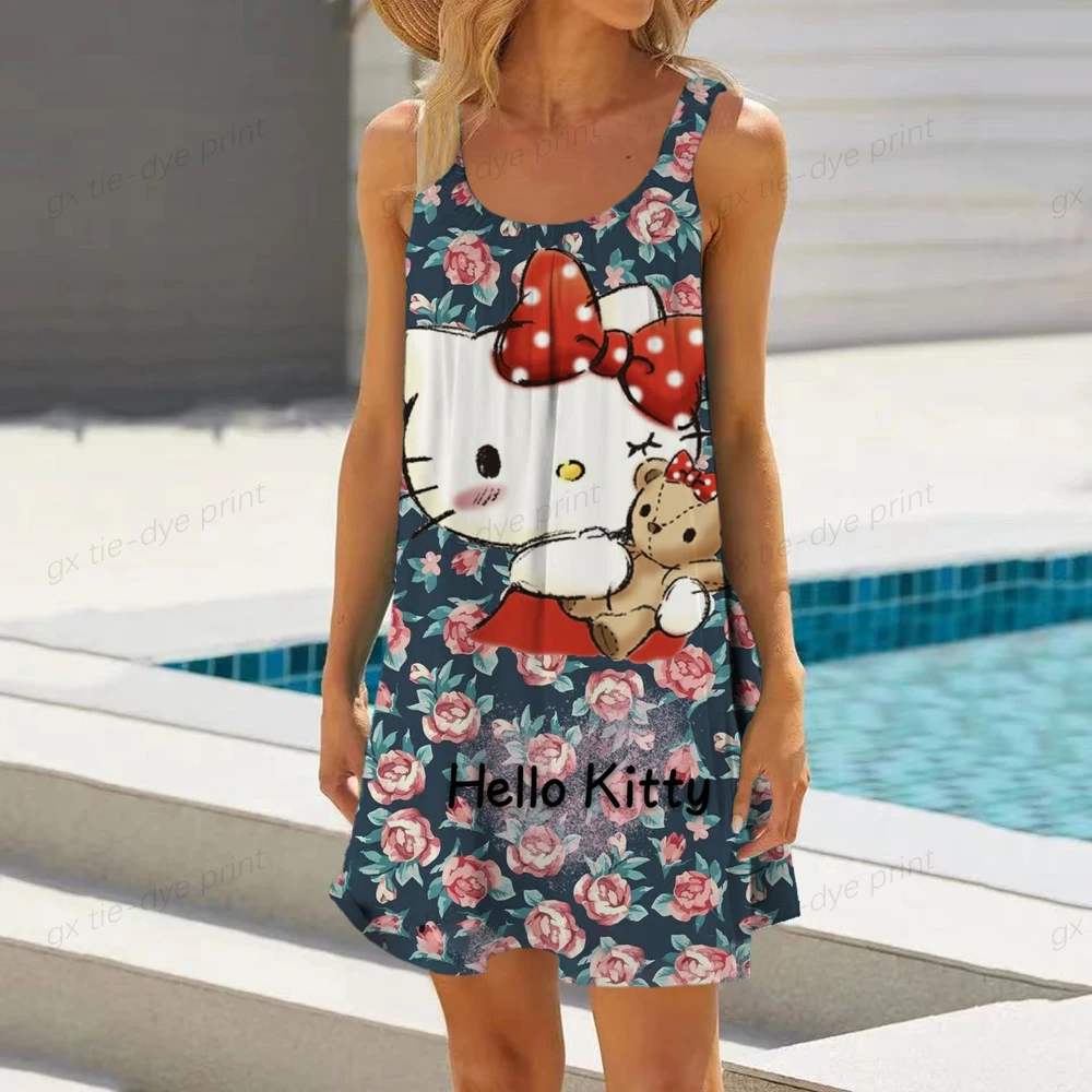 

Summer Fashion Bag Hip Beach Party Dress Hello Kitty Printing Cute Cartoon Print Sleeveless Sexy Night Club Loose Dress