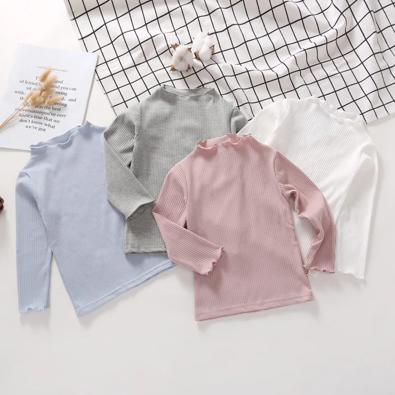 Autumn Girl Baby Floral Dot Long Sleeves Bottoming Shirt Children Ribbed Ruffle Thin T-shirt Kid Cotton Solid Thin Casual Tees 4