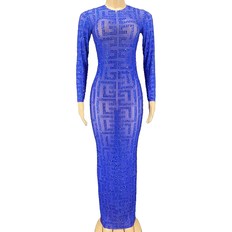 

Rhinestone Sexy Transparent Silver Evening Long Dress Dance Wear Mesh Performance Stretch Costume