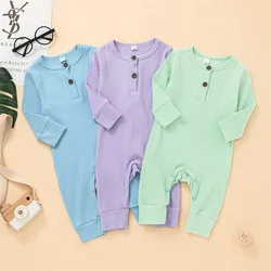 Barboteuse pour nouveau né fille et garçon de 0 à 18 mois, combinaison à manches longues et à boutons, tricot côtelé Simple, couleur unie, printemps automne 