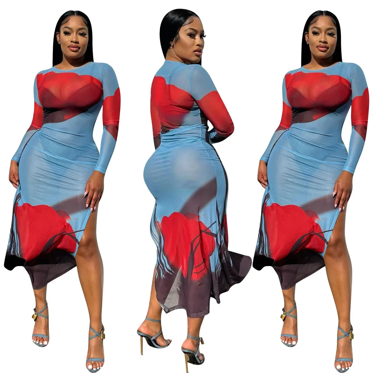 

2024 INS New Sexy Printed Women Nightclub Dress See Through Mesh Long Sleeves Split Irregular Party Bodycon Dresses