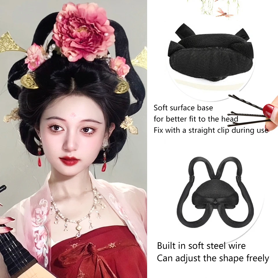 Hanfu 가발 고대 의상 중국 전통 머리띠 chignon 공주 머리 묶음 코스프레 빈티지 가발 여성용 합성 머리