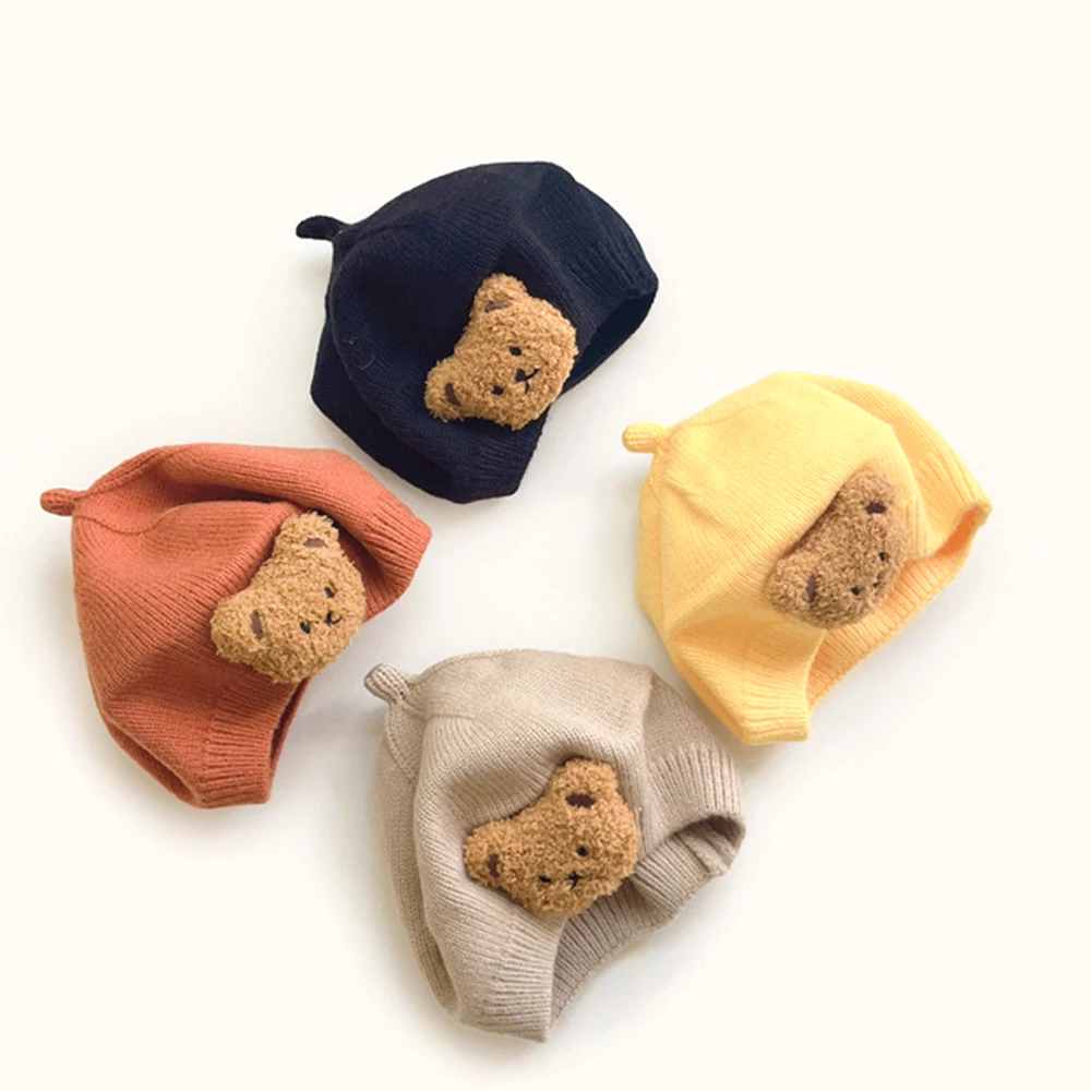 Cartoon Bear Knit Candy Colors Painter Hat for Baby Girls Hair Accessories Children Knitted Beret Cap Newborn Cute Headwear 0-4T 5