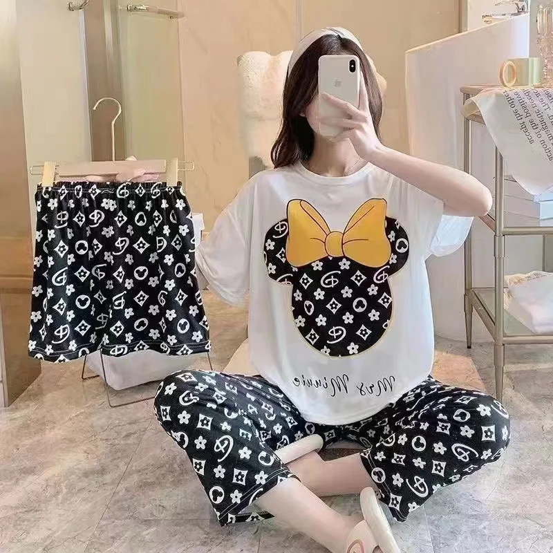 Women's Three-Piece Pajamas Summer New Korean Version Of The Student Short-Sleeved Shorts Long Pants Cute And Sweet Homewear Set