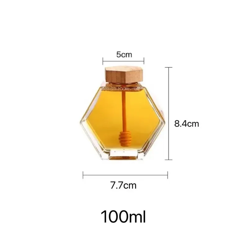 100ml 220ml 380ml Honey Jar with Lid and Spoon Hexagonal Glass Bottle Wooden Stirring Rod Jam Container Kitchen Home Storage