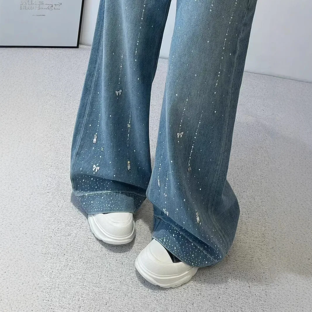 2025 Early Spring New High-Waisted Wide-Leg Meteor Hot Drilled Bowknot Straight-Leg Jeans For Women Versatile Long Pants 2