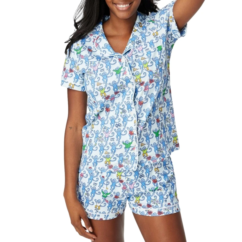 Kawaii Cartoon Print Lounge Pajama Sleepwear Women Short Sleeve Blouse Shirt Top + Shorts Y2K Vintage Comfy 2 Piece Set Outfits women pajamas set women pajama suit