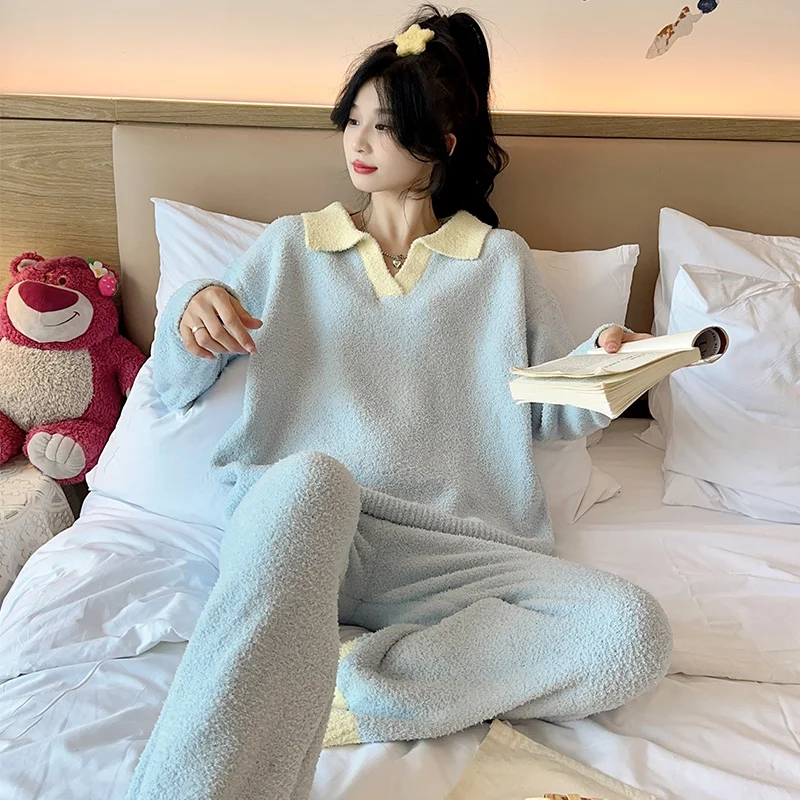 2023 Autumn Winter New Coral Fleece Sleeping Pajamas for Women Fashion Lapel Warm Women's Pajamas Simple Splice Soft Home Wear