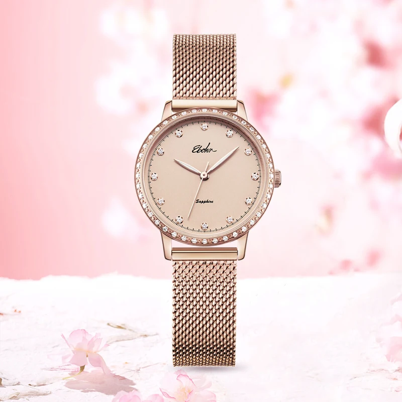 

Popular Diamond Watch Ladies Fashion Luxury Brand Gift for Women Japan Quartz Mesh band waterproof Wristwatches EBOHR Rose Gold