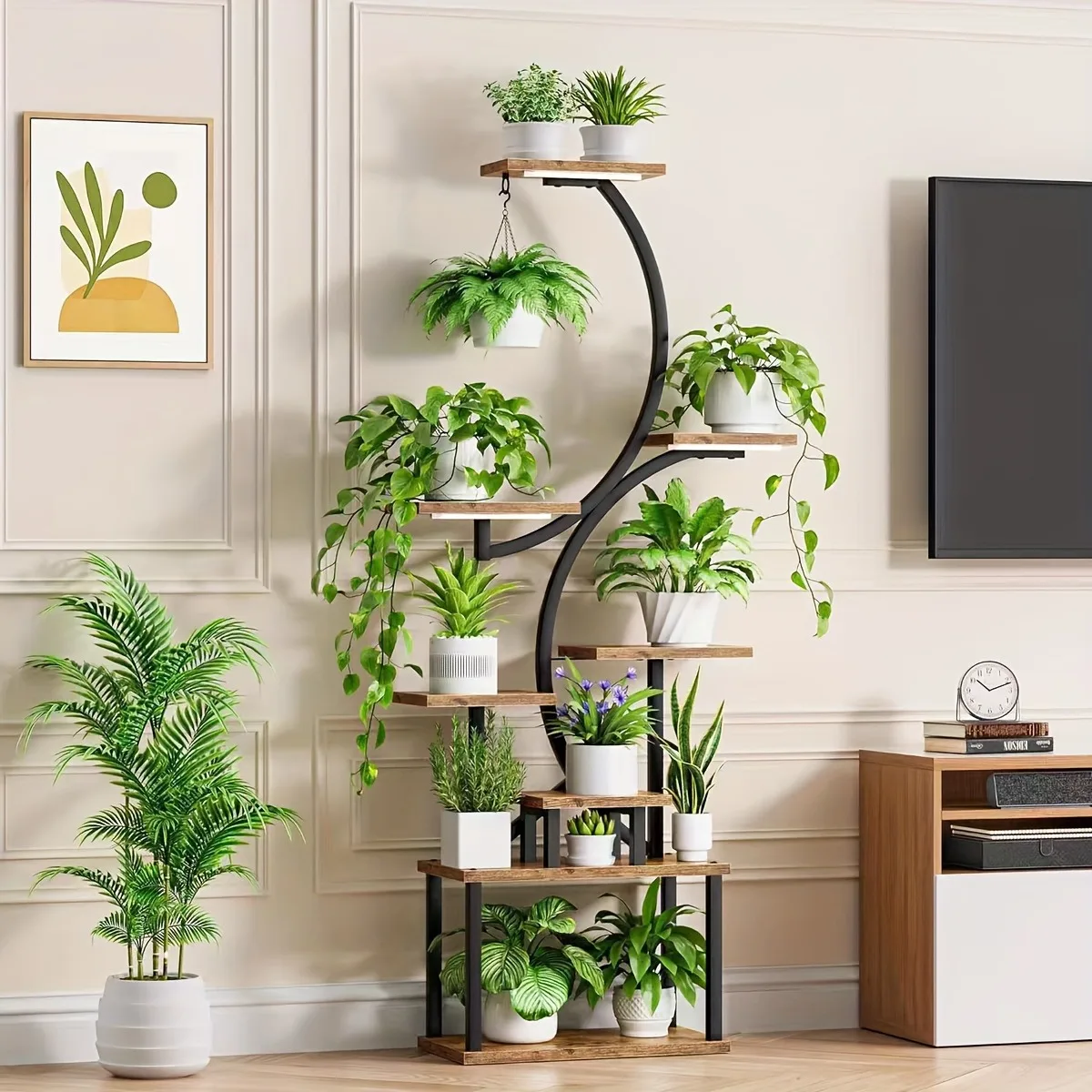 Metal Plant Rack Premium 8-Tier Adjustable Indoor Stand with Grow Lights & Wooden Shelves