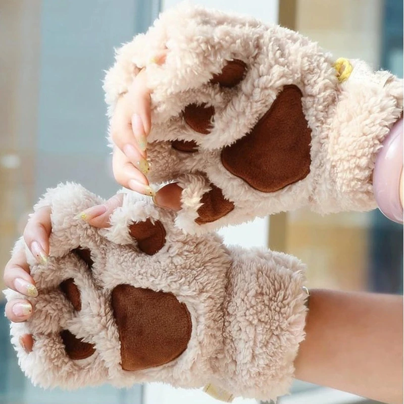 Gant Mitaine Hiver Gris Patte Chat Ou Ours Peluche Chaud Et