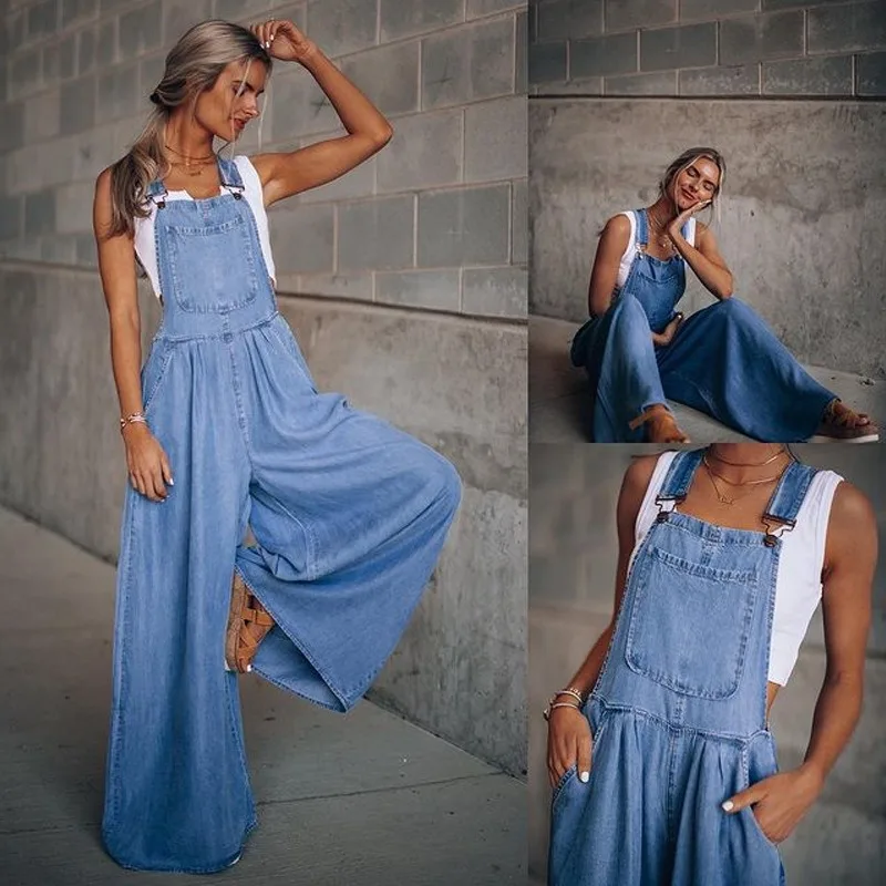 

Full Length Trousers Jeans Women Denim Pants Jumpsuit Rompers Strap Pockets Wide Leg Jeans Bib Pants