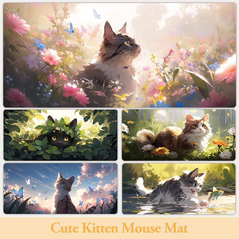 

Large Size 800x400MM Mouse Pad Cute Kitten Neoprene Rubber With Top Fabric 600x300MM Game Mat Table Cover Home Office Mousepad