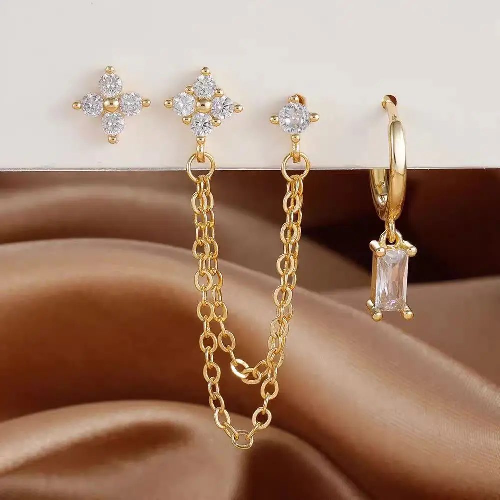 ZAKOL 3pcs Gold Color Stainless Steel Four-Leaf Flower Crystal Stud Earrings Set For Women Exquisite Piercing Jewelry Charm 2