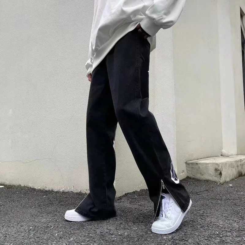 

Slim Black Jeans Men Letter Embroidered Jogger Pants Stylish High Street Loose Straight Side Zip Hip Hop Denim Trousers Women