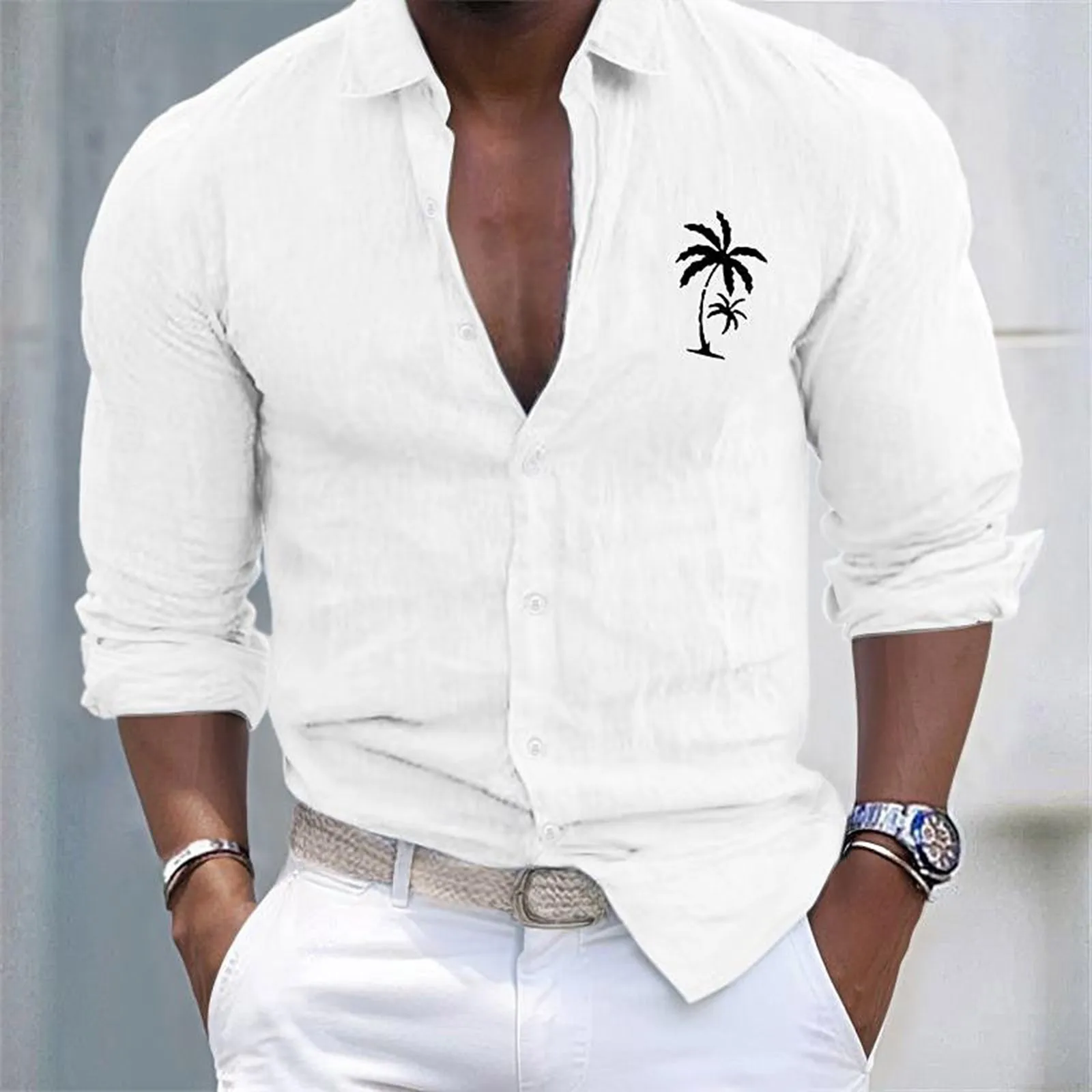 

Men'S Solid Color Shirt 2024 Summer Outdoor Beach Long Sleeved Sun Protection Vacation Top Simple Printed Pattern Style Clothing