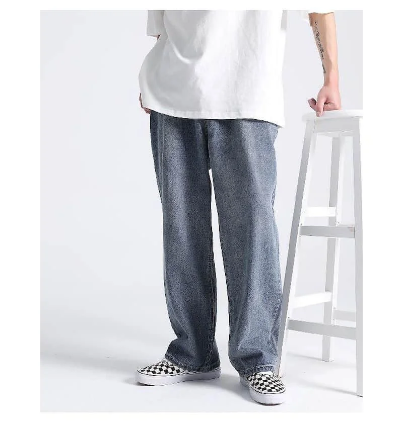 Calças de Brim de Cordão Total em Linha All-match na Moda Sólido Denim Comprimento Reta Solta Masculino Punk Baggy Retro Lazer Chique Cowboy Calças 9 Computers & Electronics