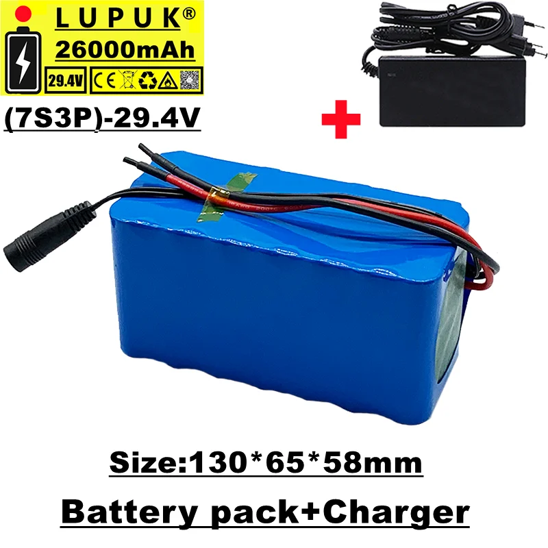 

Lupuk-24V 18650, 7s3p, 29,4 в, 26000 мАч, Встроенный BMS, для электрического велосипеда или двигателя, продажа с зарядным устройством