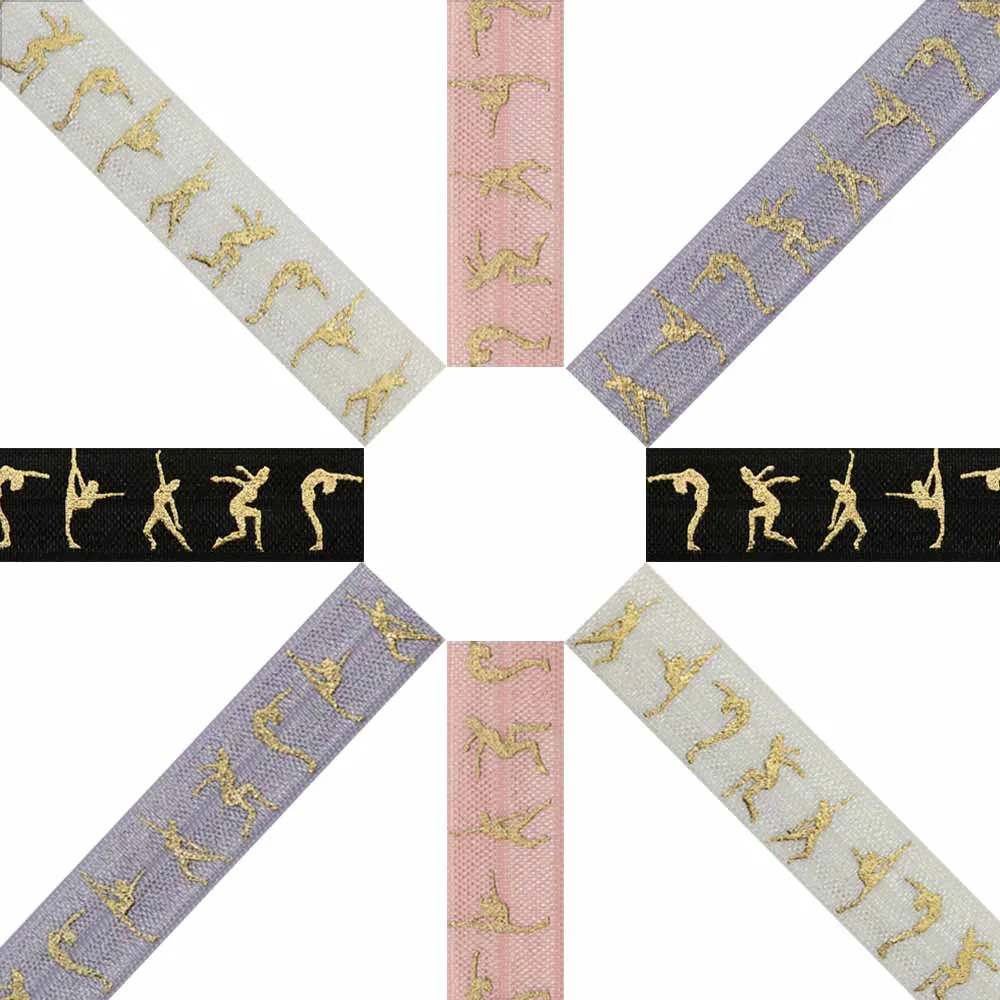 5/8" 15MM Gold Foil Female Gymnasts Printed Fold Over Elastic Band Gymnastics FOE Ribbon For DIY Knot Ties Hair Accessories