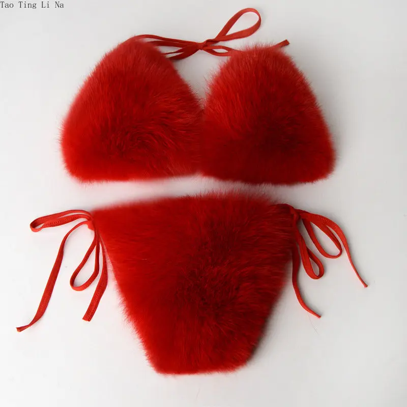 Faux Fox Swimsuit Women Beach Bikini Sexy Faux Fur Bikini