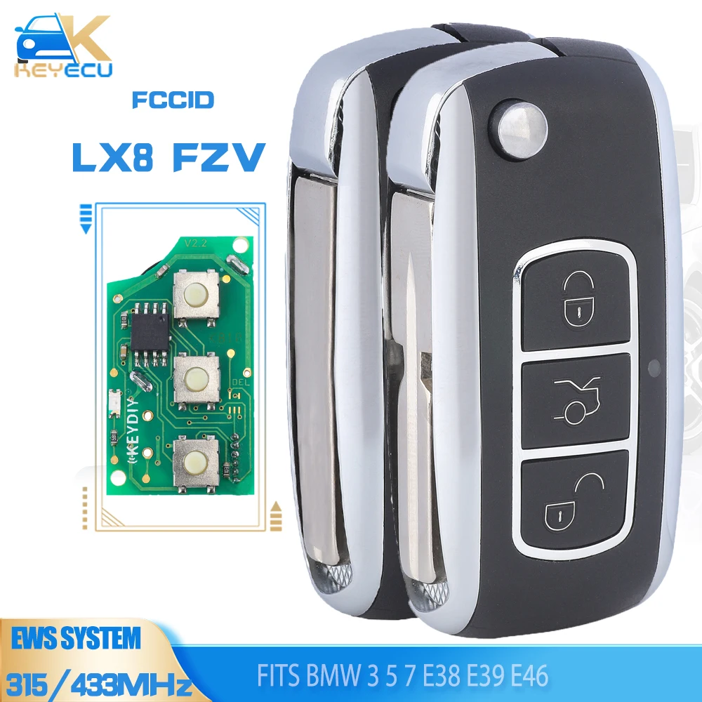 

KEYECU LX8 FZV Bentley Style EWS Flip Remote Key Fob 3 Button for for BMW 3 5 7 E38 E39 E46 315/433MHZ ID44 HU92/HU58 Blade