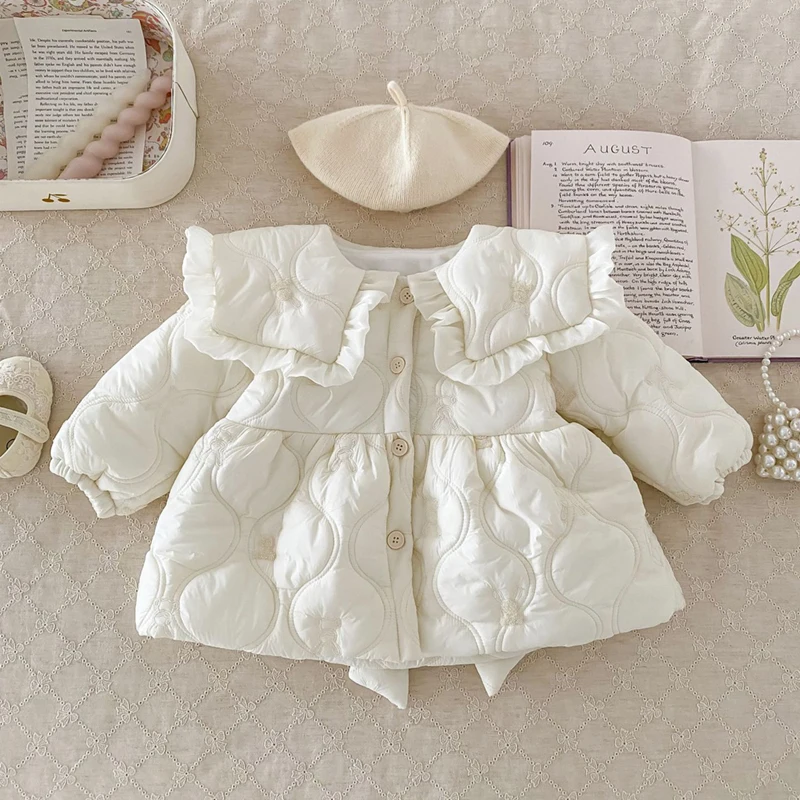 New Winter Fleece Padded Thick Toddler Baby Girls Warm Parkas Turn Down Collar Big Bow Princess Kids Girls Lining Jacket Coat