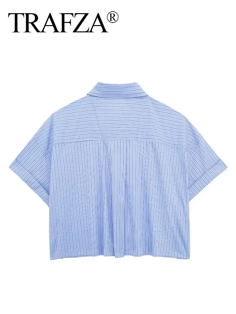 HH Fashion Women's Blue Striped Cropped Blouses Spring Summer 2024 Polo Collar Short Sleeve Shirt Top Elegant Woman Blouse