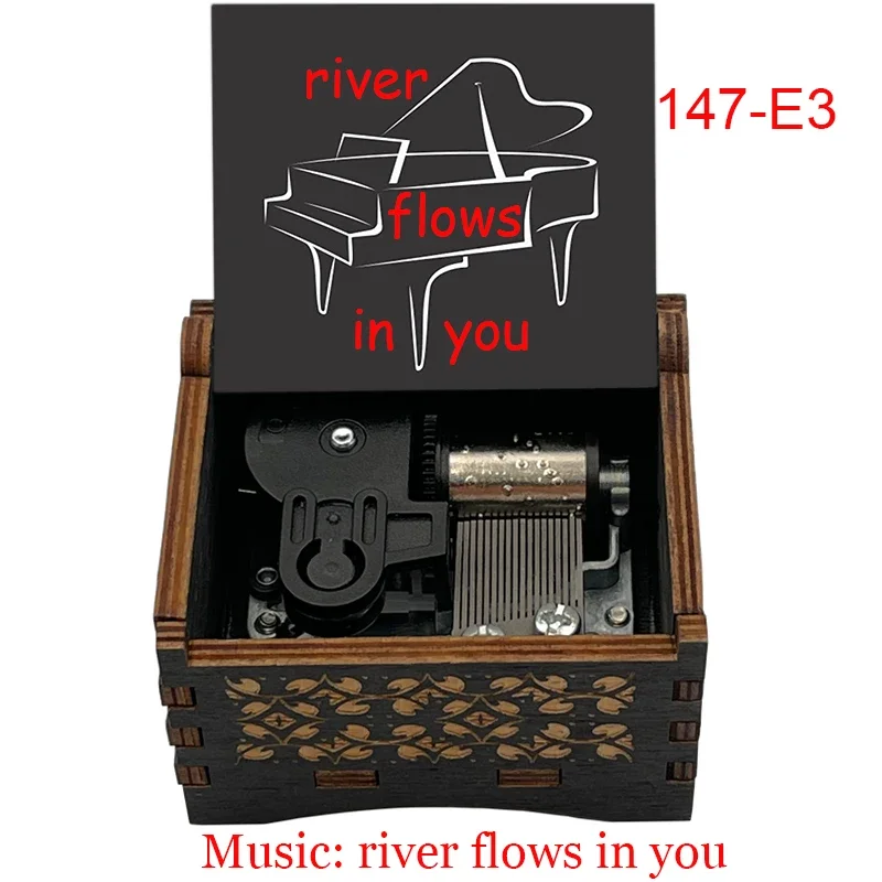 River Flows In You Silver Stainless Steel Metal Clockwork Type Movement Black Wooden Music Box Holiday Gifts for Friends