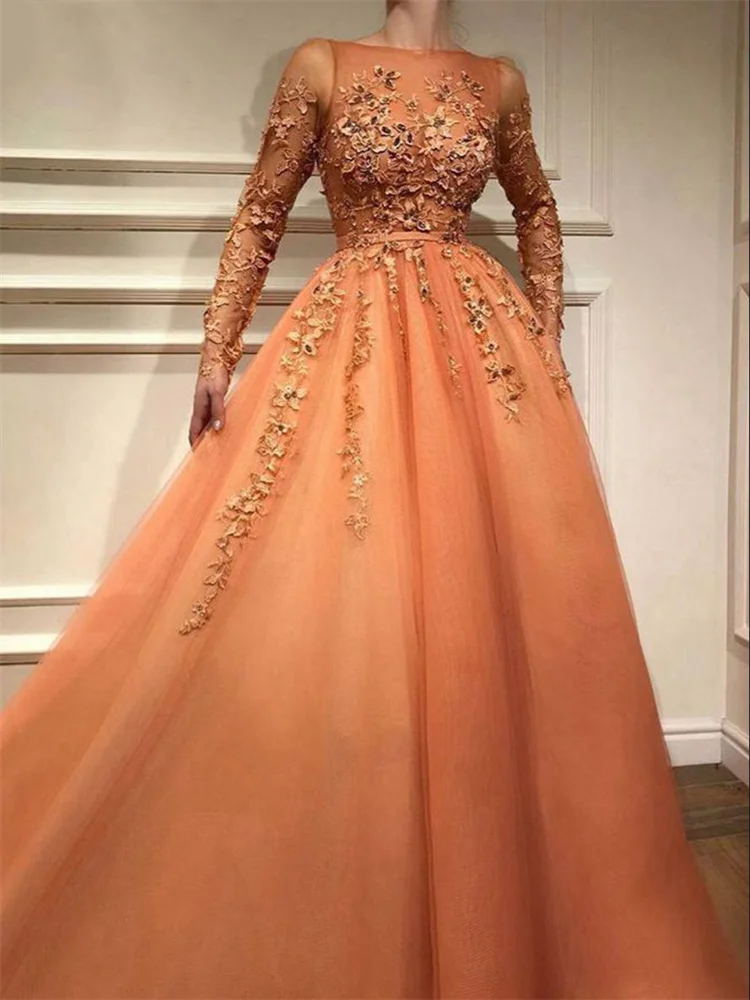 

2023 Muslim Turkish Evening Dresses A-line Long Sleeves Tulle Appliques Beaded Dubai Saudi Arabic Elegant Dress for Women Party