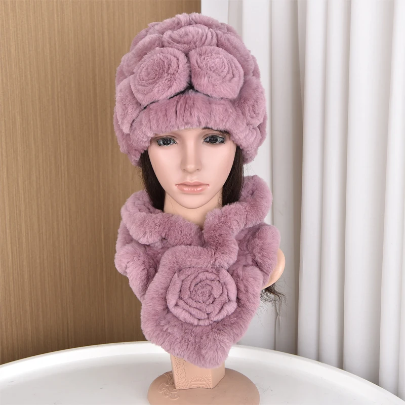 new-style-middle-aged-and-elderly-women's-rex-rabbit-fur-flower-camouflage-dome-head-cap-autumn-and-winter-thickened-warm-scarf