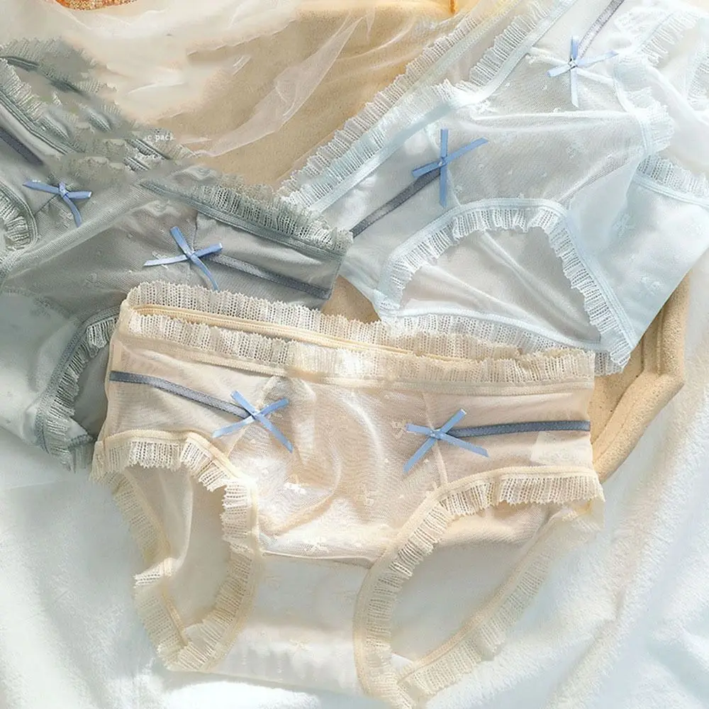 

Трусы женские кружевные сетчатые, нижнее белье с вырезами, дышащее нижнее белье средней талии, с бантом для девушек