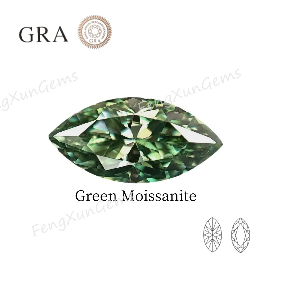 Green Color Moissanite Stone Excellent Brilliant Marquise Cut synthetic Gemstone with GRA Report for Women Jewelry Ring Making