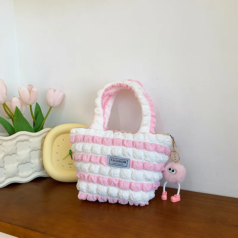 Bubble Flower Handbag for Women's New Little Fresh Girl Checkered Luxury Brand Handbag with Folded Shopping Top-Handle Bag