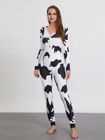 Women Buttoned Flap Jumpsuits Sleepwear Cow Printed Long Sleeve V Neck Bodycon Romper Spring Fall Loungewear - Image 5