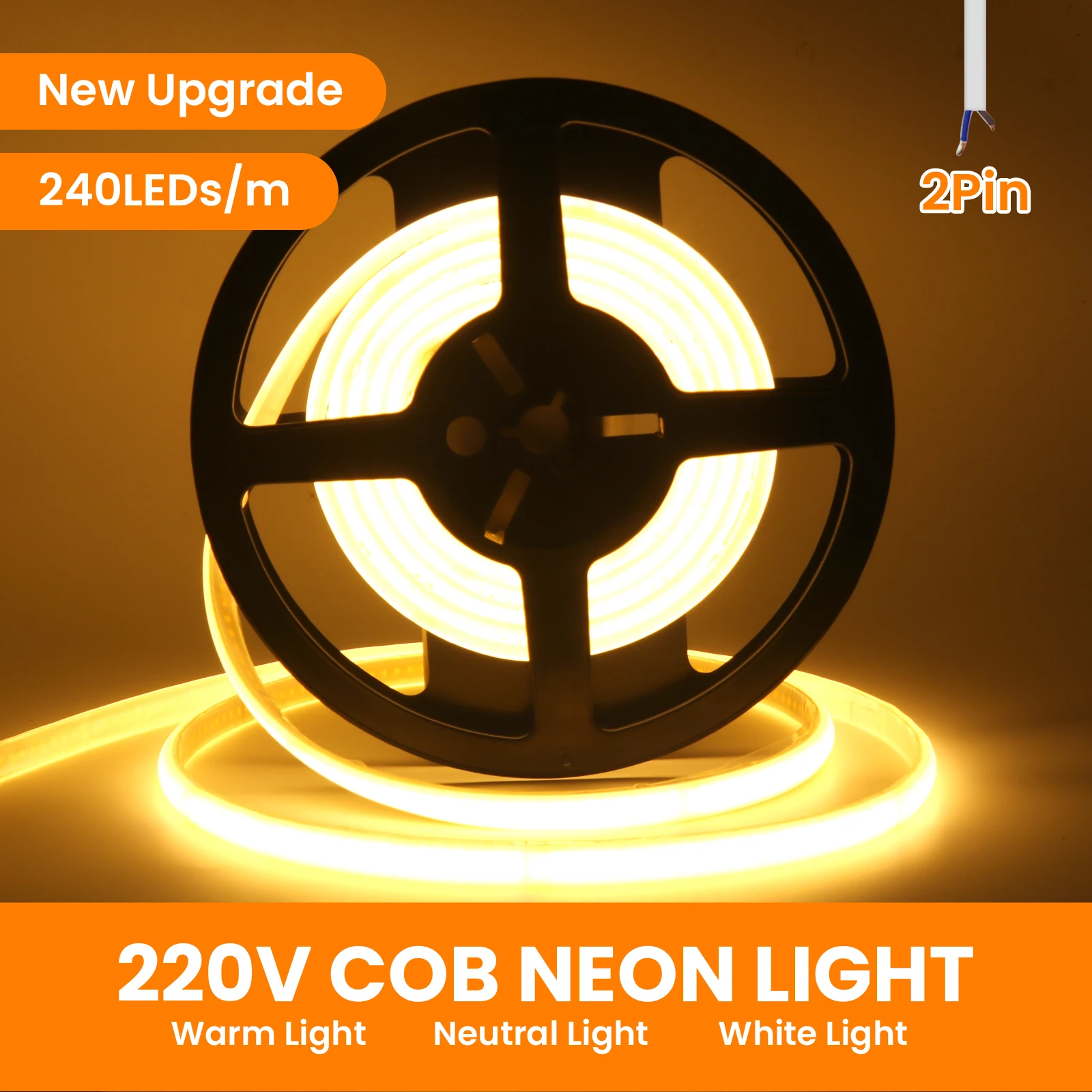 220 V selbstklebendes COB-LED-Streifenlicht, integrierter IC, 240 LEDs/m, flexibles Band, IP65, wasserdichtes Neonstreifenband mit EU-Steckerschalter/2Pin – Detail 3